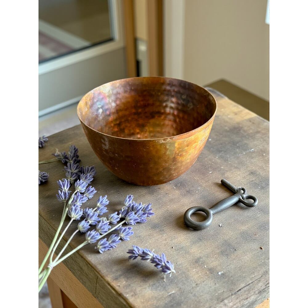 Vintage Hammered Copper Plated Steel Bowl-Mid Century-Boho-Rustic-Patina-Country
